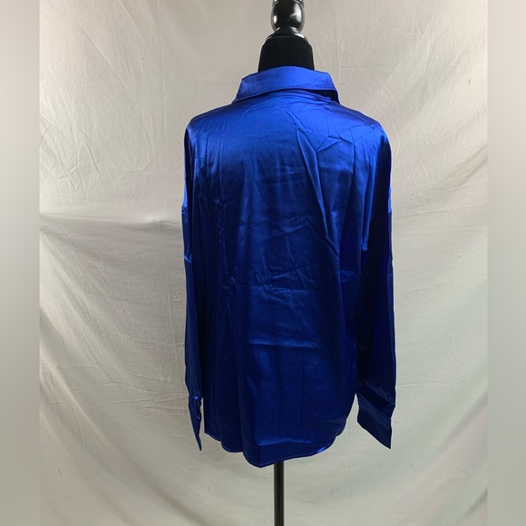 Button Front Drop Shoulder Satin Blouse Blue - Picture 9 of 9